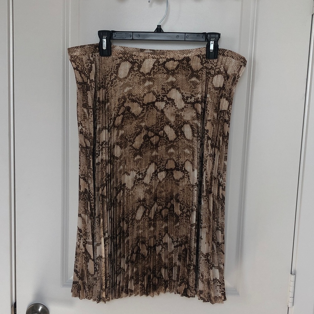 Pleated Snake-Print Midi Skirt in Brown
